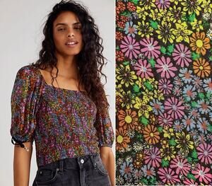 NEW Free People Back On Top Smocked Puff Sleeve Cropped Blouse Black Combo XS